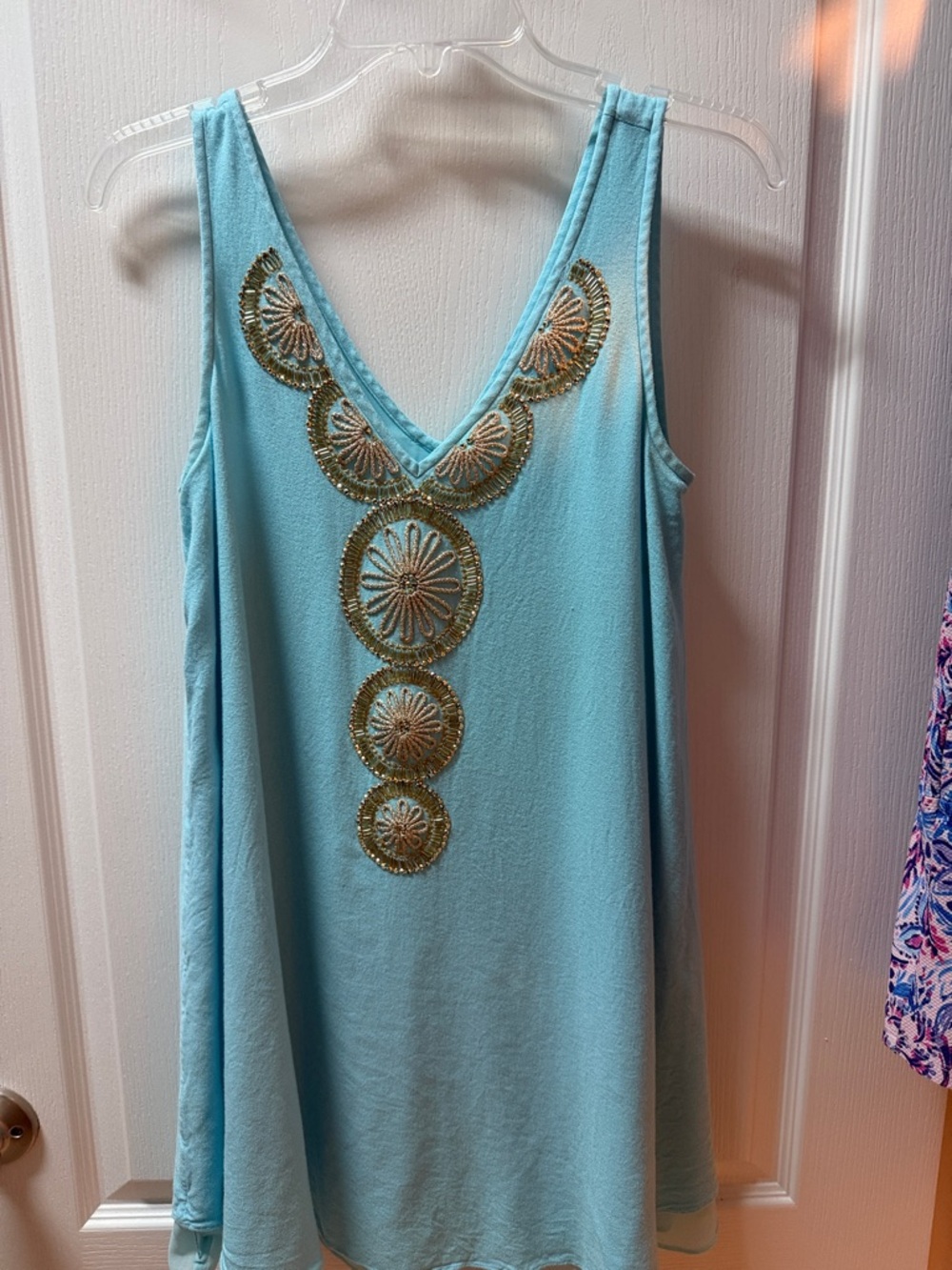 Lilly Pulitzerlined Aqua V-Neck Tank with Gold Bead Medallions